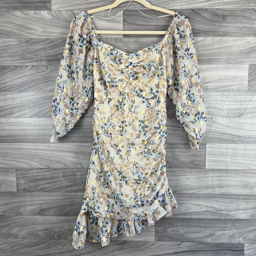 Sweet Lemon Mini Dress Women's Small Beige Floral Long Puff Sleeves Smocked Back
